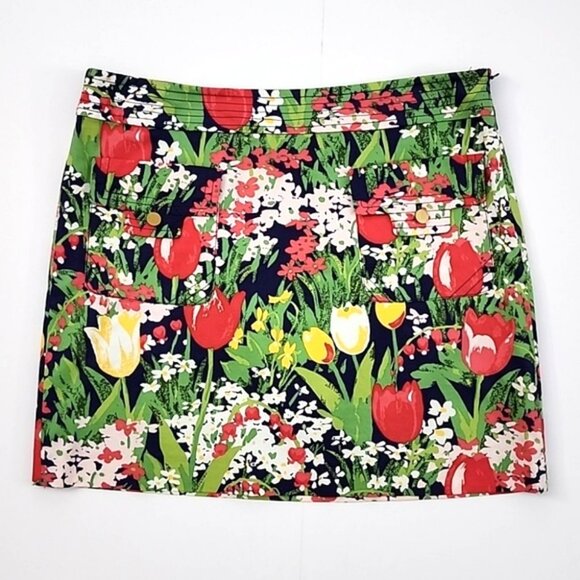 Tory Burch Skirt Multi Color Tulip Print Lined Mini Skirt Front Pockets Size 8 - Picture 3 of 16